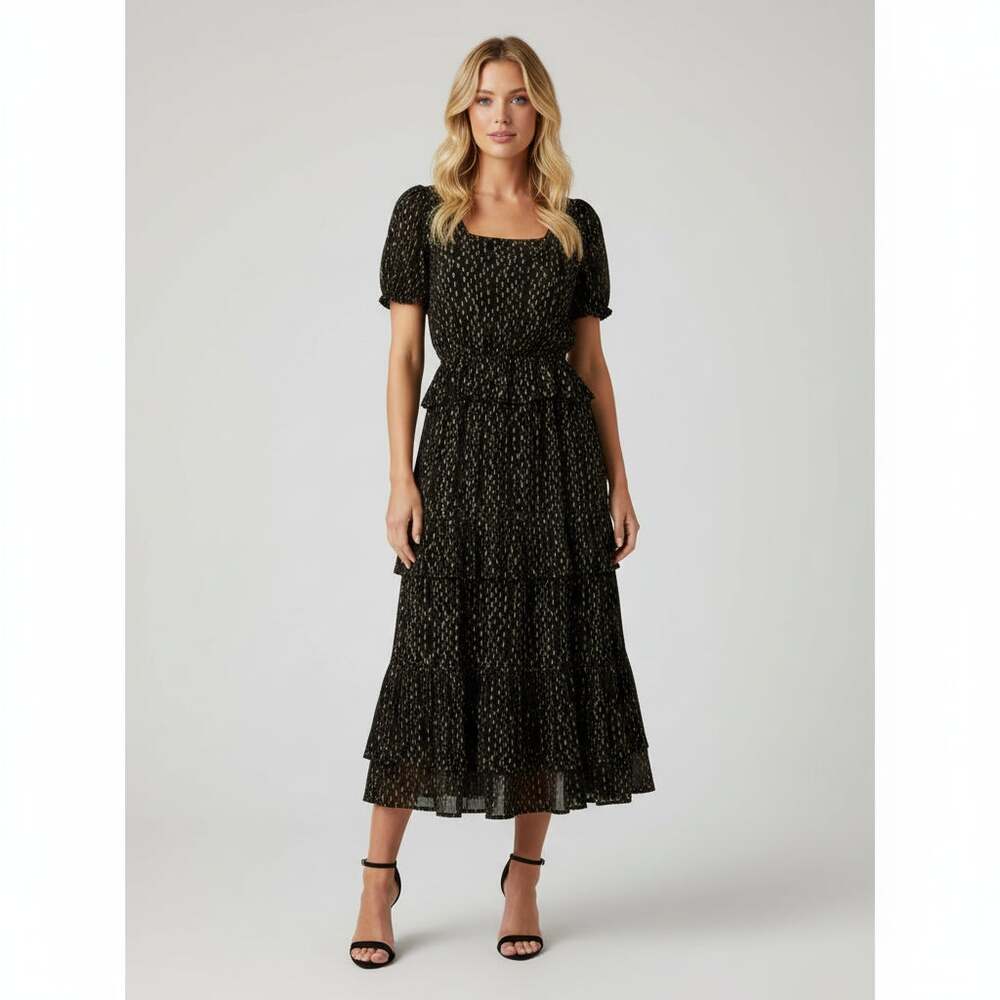 Victoria Dunn Augusta Maxi Dress XS Black Gold Metallic Clip Dot Smocked Party